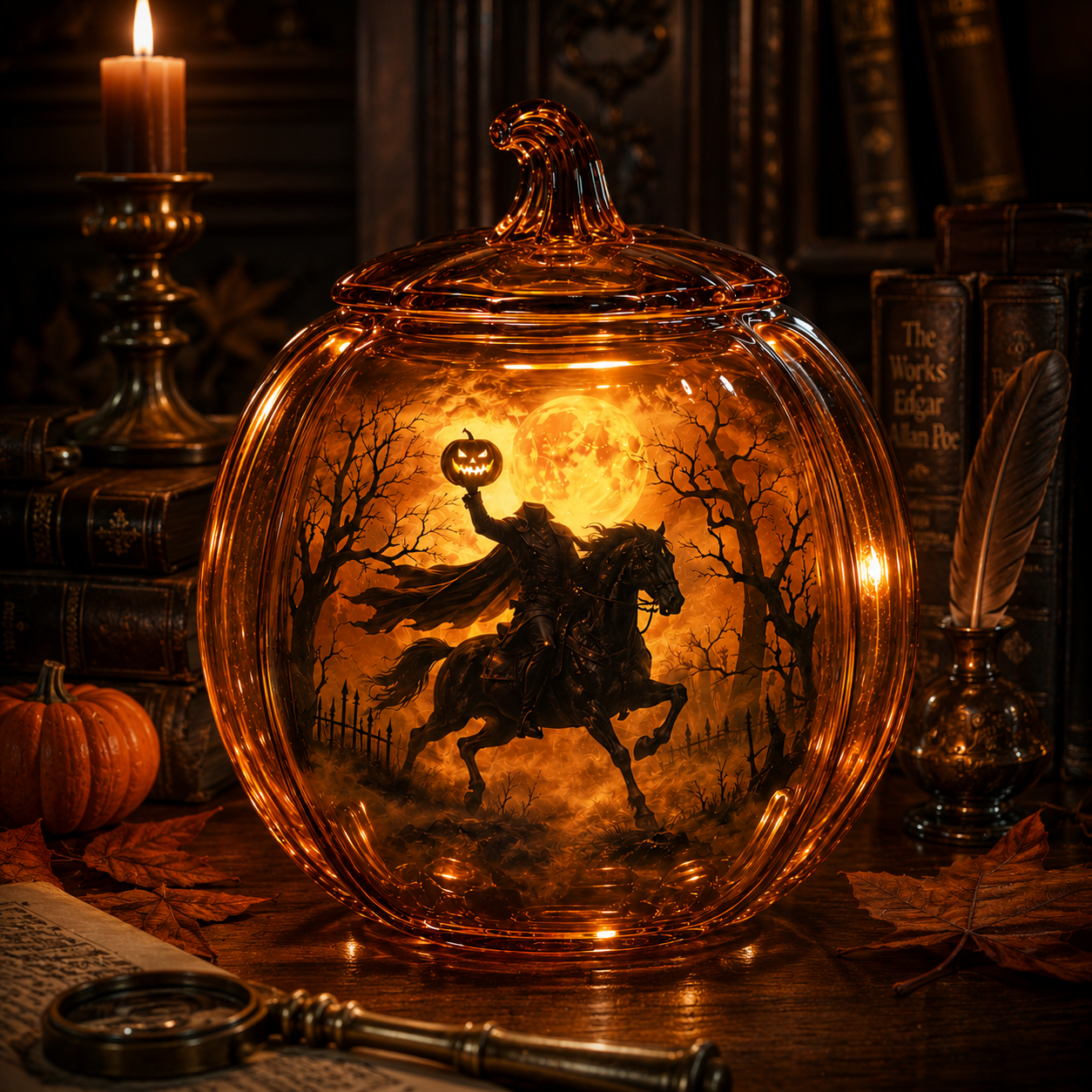 The Headless Horseman Glass Pumpkin Lantern – Illuminated Halloween Scene Light & Gothic Home Decor