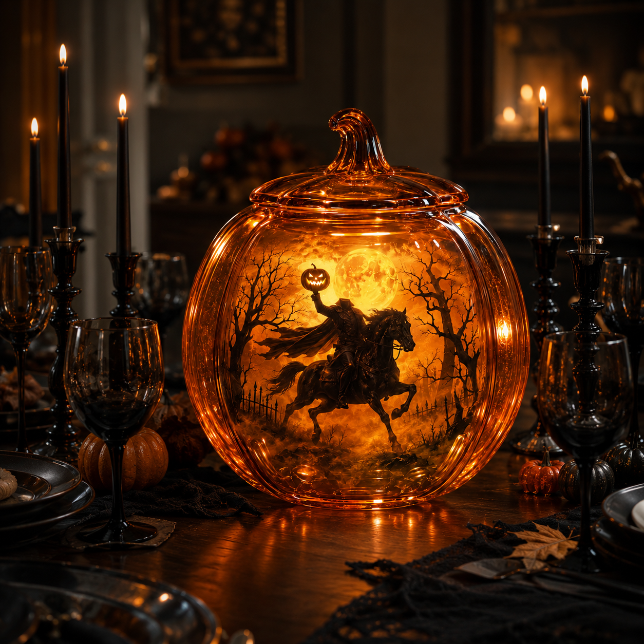 The Headless Horseman Glass Pumpkin Lantern – Illuminated Halloween Scene Light & Gothic Home Decor