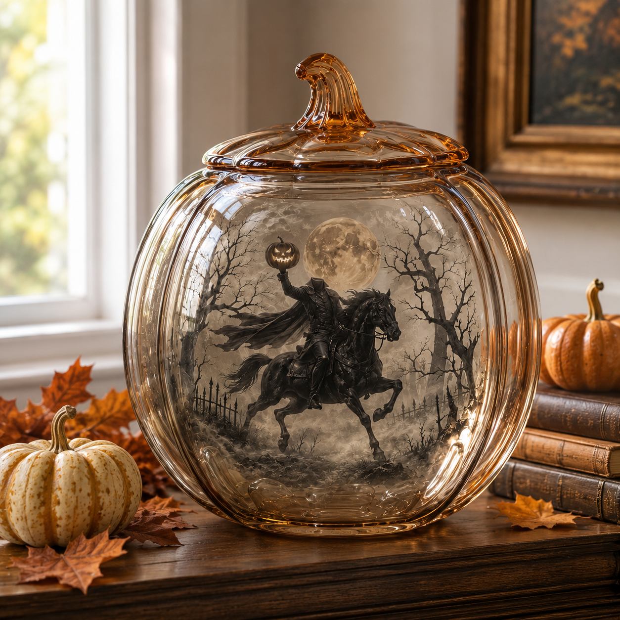 The Headless Horseman Glass Pumpkin Lantern – Illuminated Halloween Scene Light & Gothic Home Decor