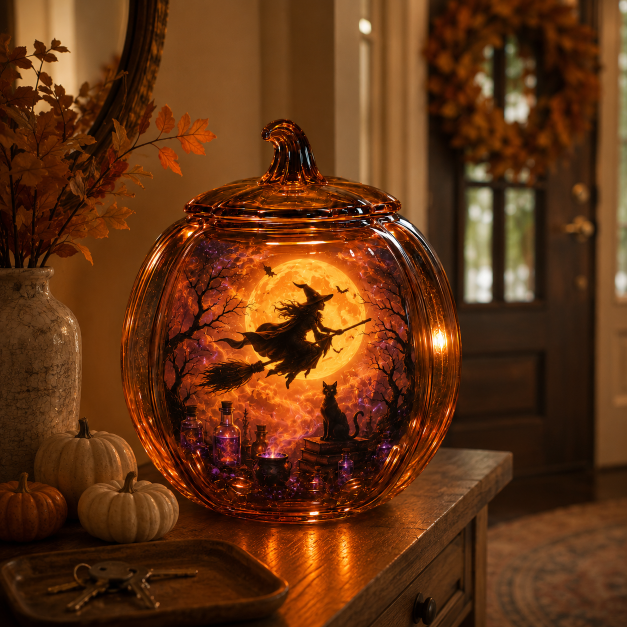 The Witching Night Glass Pumpkin Lantern – Illuminated Halloween Scene Light & Gothic Home Decor