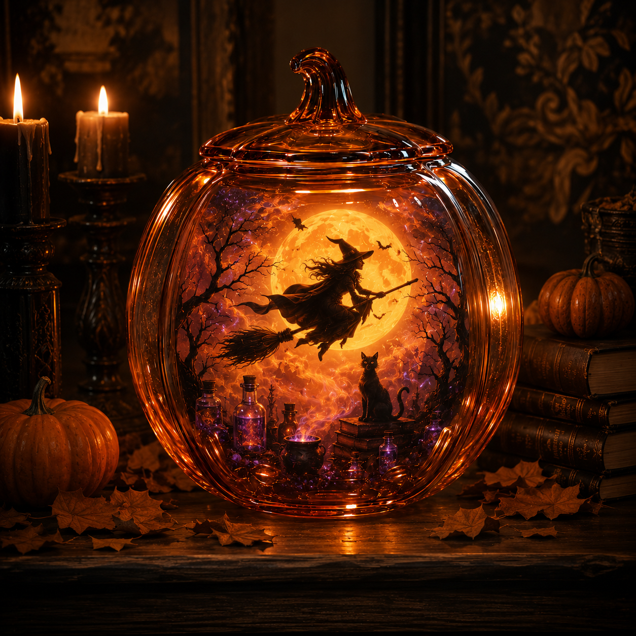 The Witching Night Glass Pumpkin Lantern – Illuminated Halloween Scene Light & Gothic Home Decor