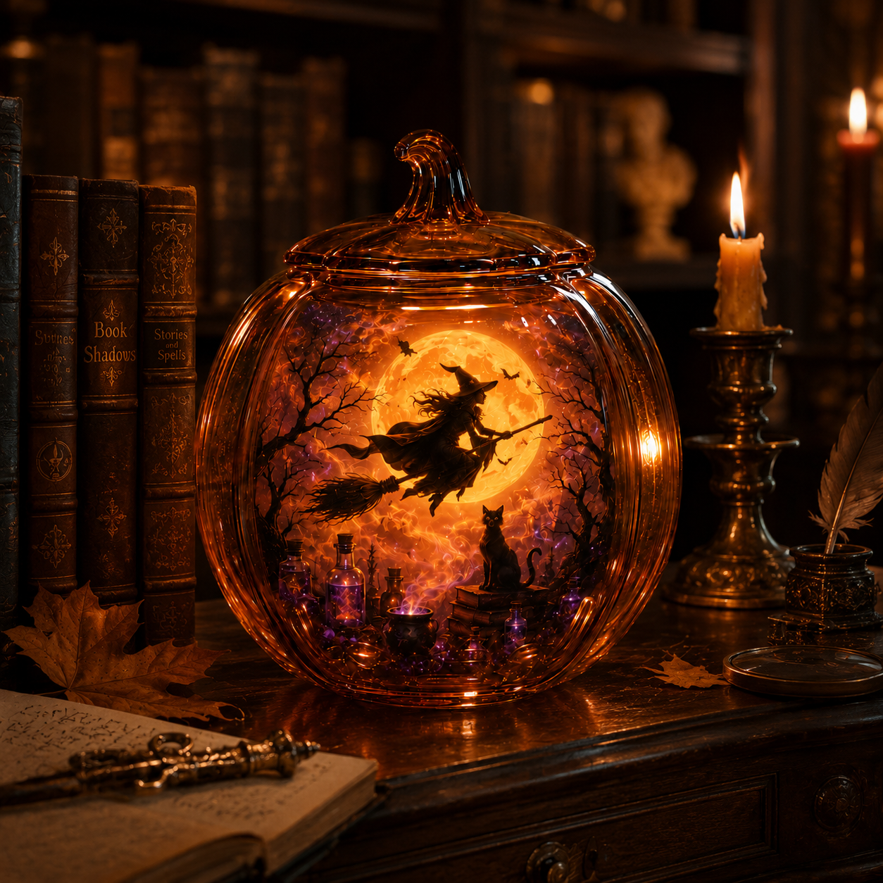 The Witching Night Glass Pumpkin Lantern – Illuminated Halloween Scene Light & Gothic Home Decor