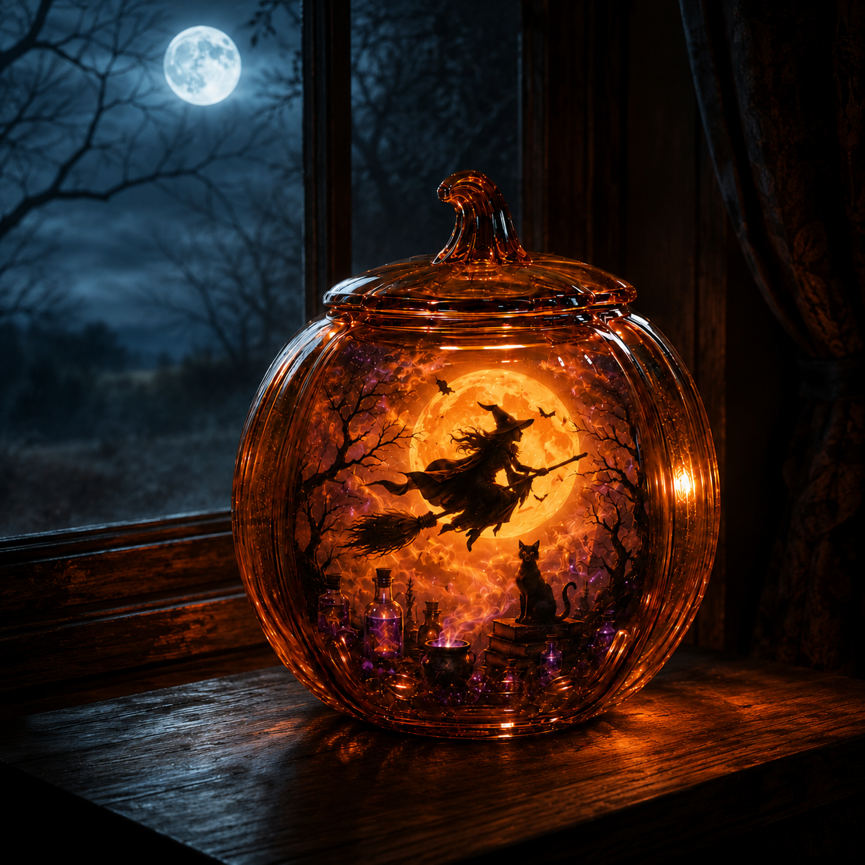 The Witching Night Glass Pumpkin Lantern – Illuminated Halloween Scene Light & Gothic Home Decor