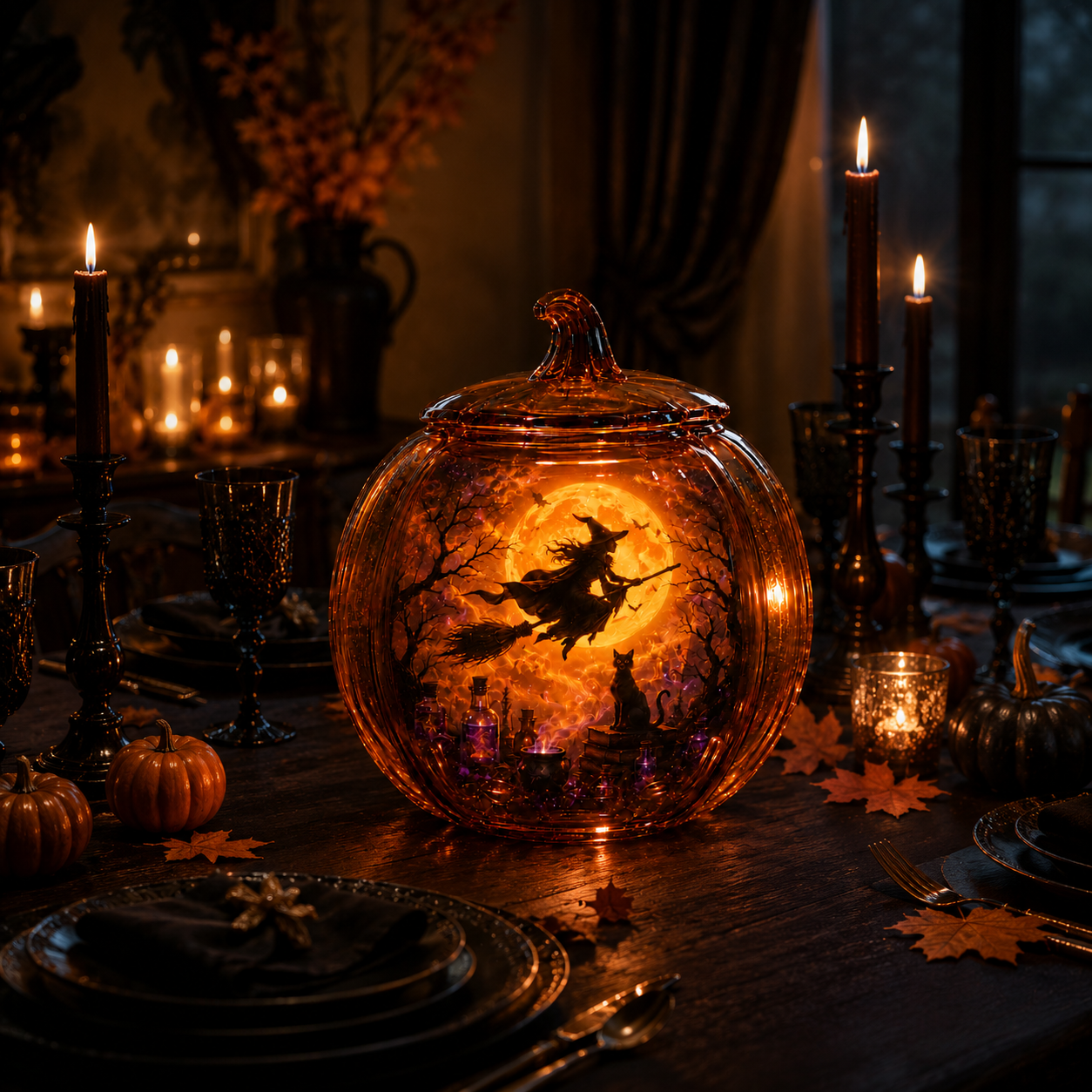 The Witching Night Glass Pumpkin Lantern – Illuminated Halloween Scene Light & Gothic Home Decor