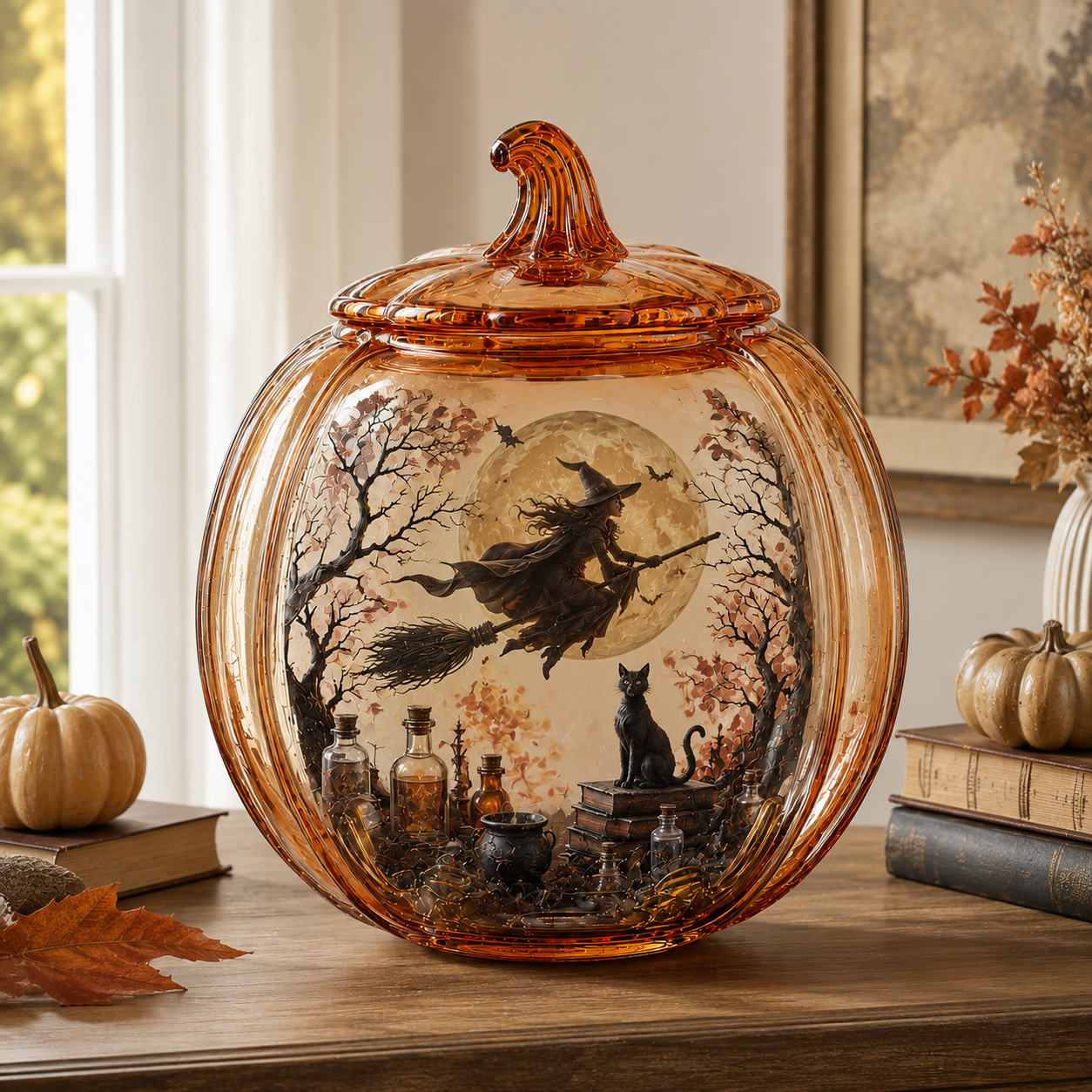 The Witching Night Glass Pumpkin Lantern – Illuminated Halloween Scene Light & Gothic Home Decor