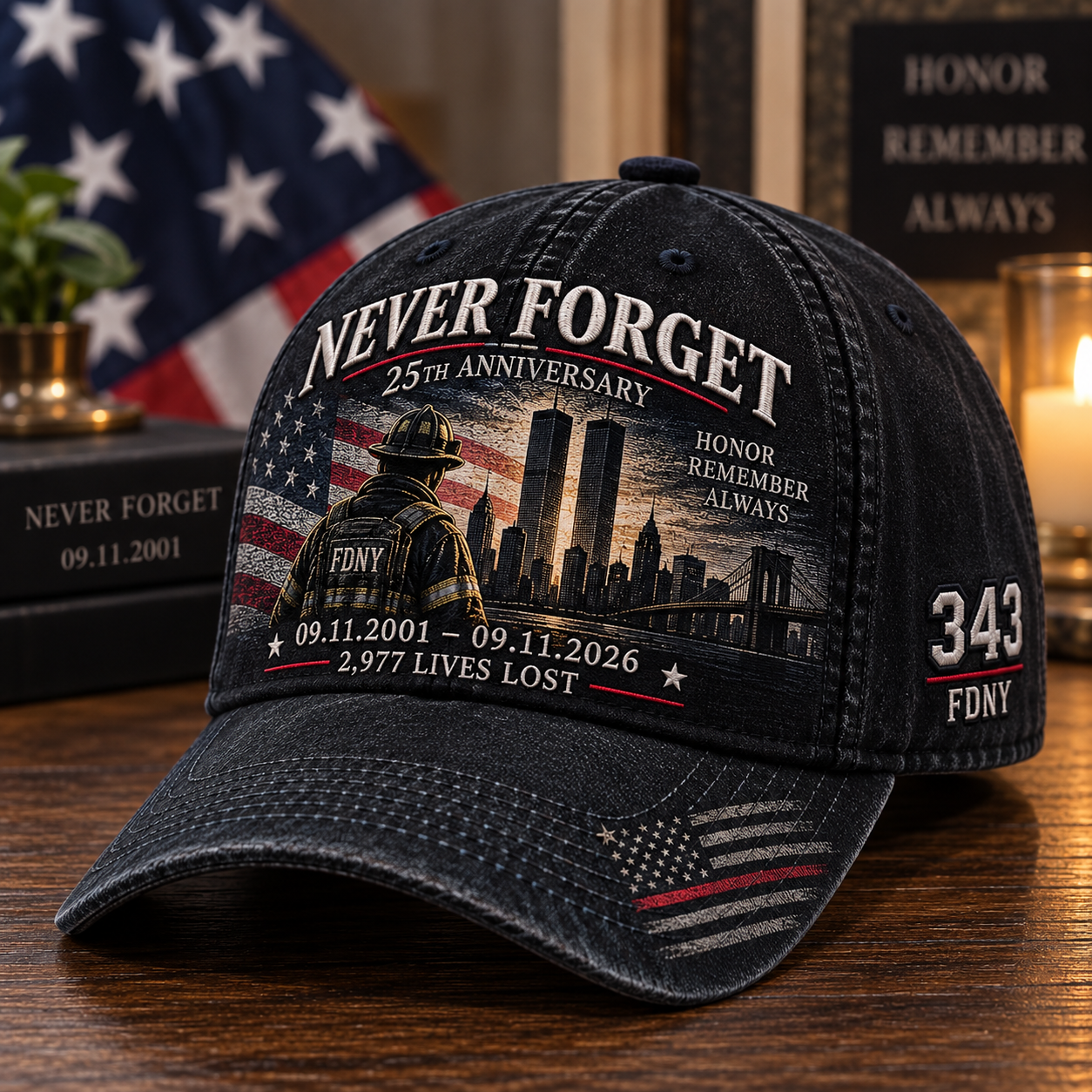 9/11 “Never Forget” 25th Anniversary Memorial Cap