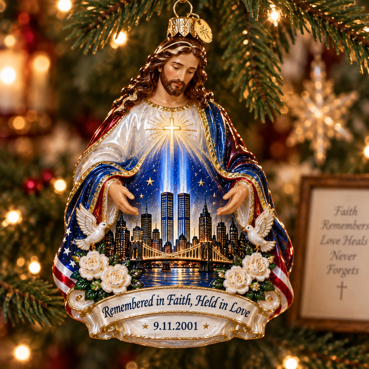 9/11 “Remembered in Faith, Held in Love” Jesus Memorial Glass Ornament