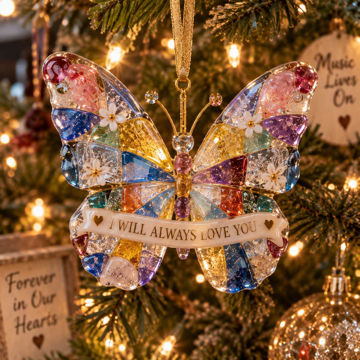 Dolly “I Will Always Love You” Forever in Our Hearts Butterfly Fused Glass Ornament
