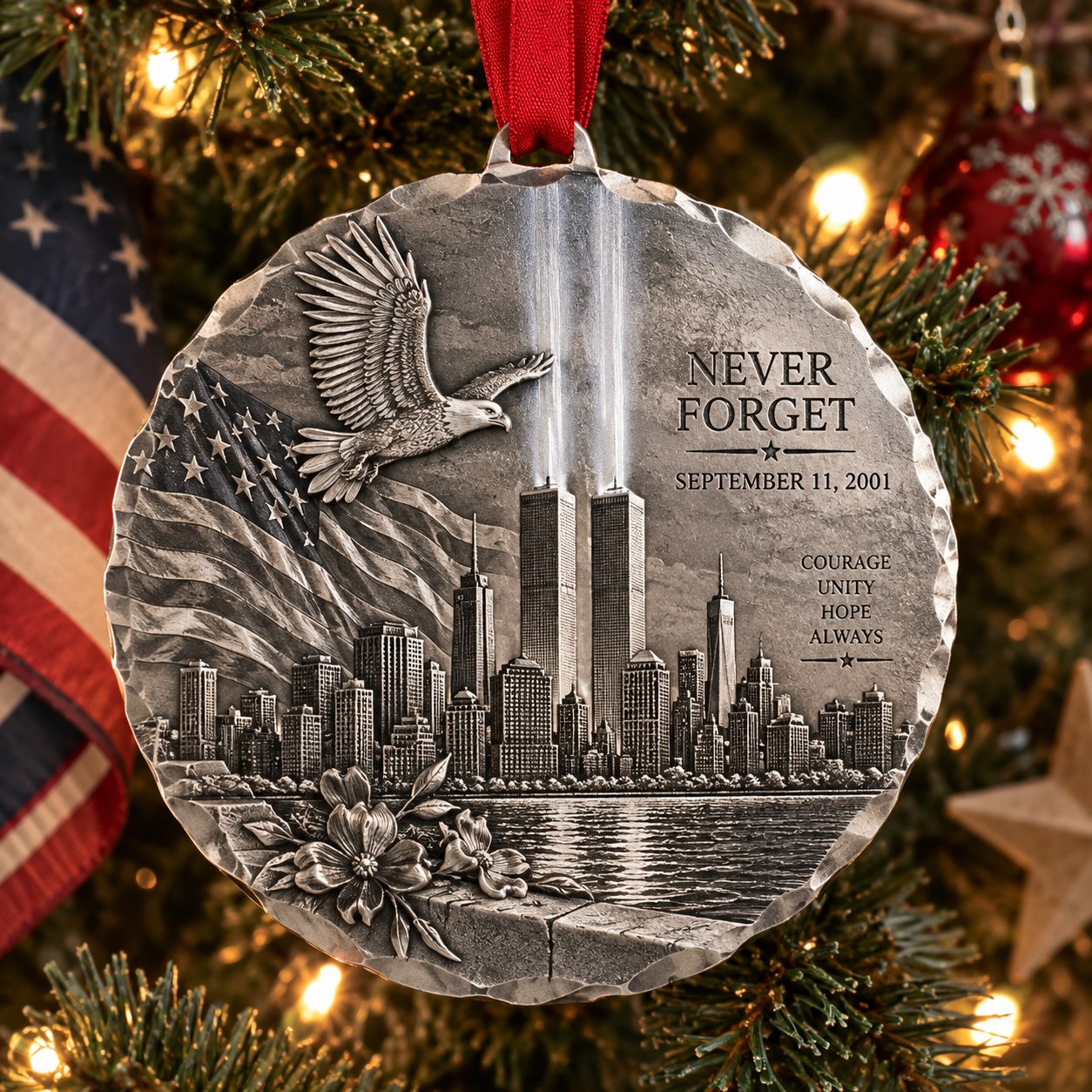 9/11 “Never Forget” American Legacy Hand-Forged Memorial Ornament