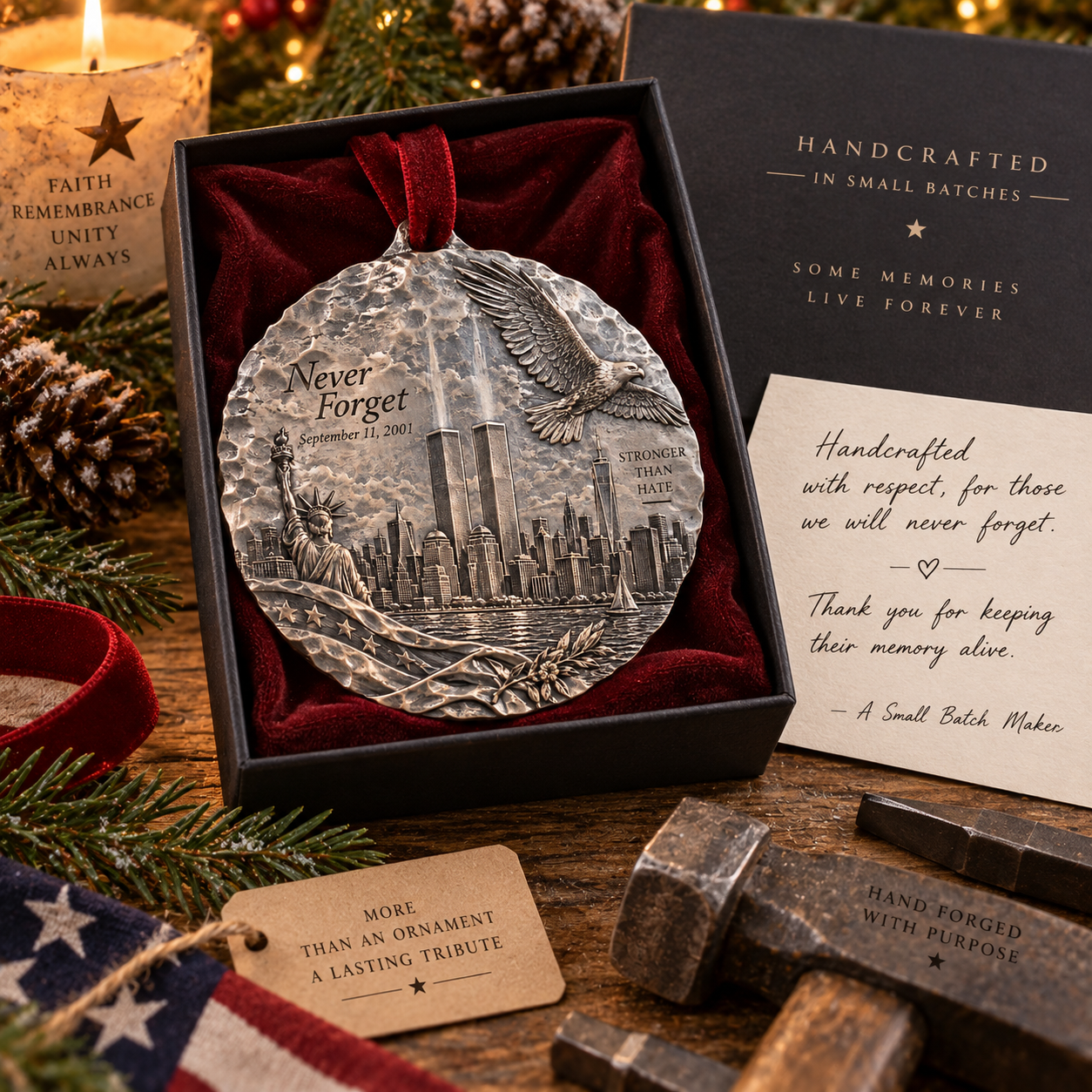 9/11 “Never Forget” American Legacy Hand-Forged Memorial Ornament