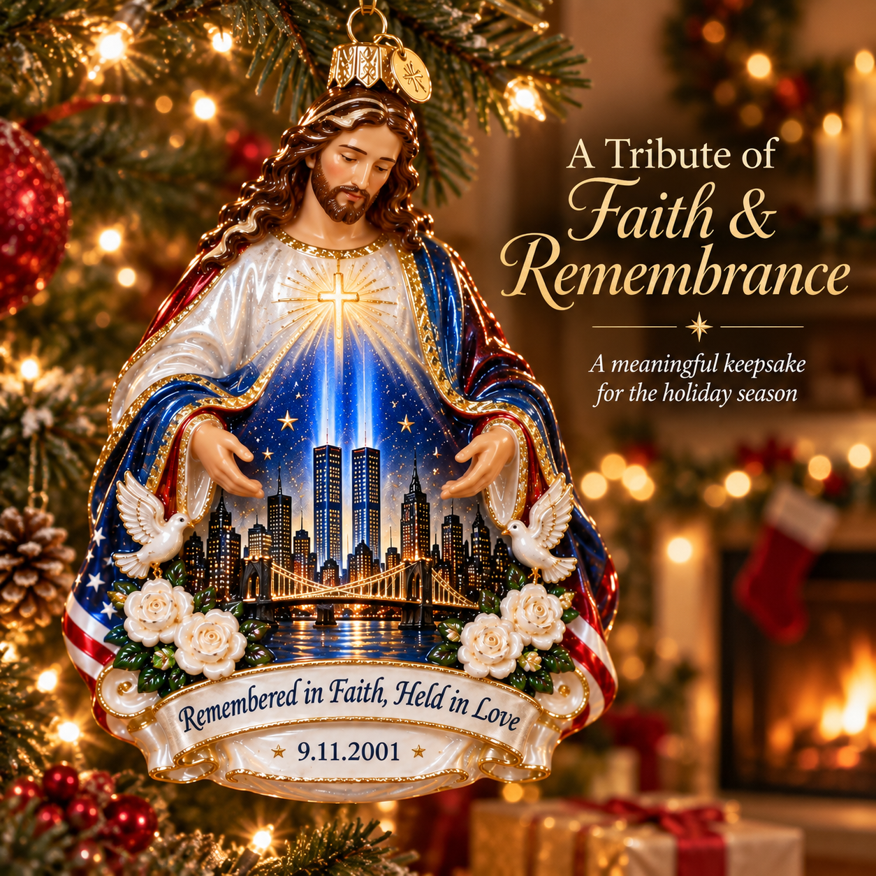 9/11 “Remembered in Faith, Held in Love” Jesus Memorial Glass Ornament