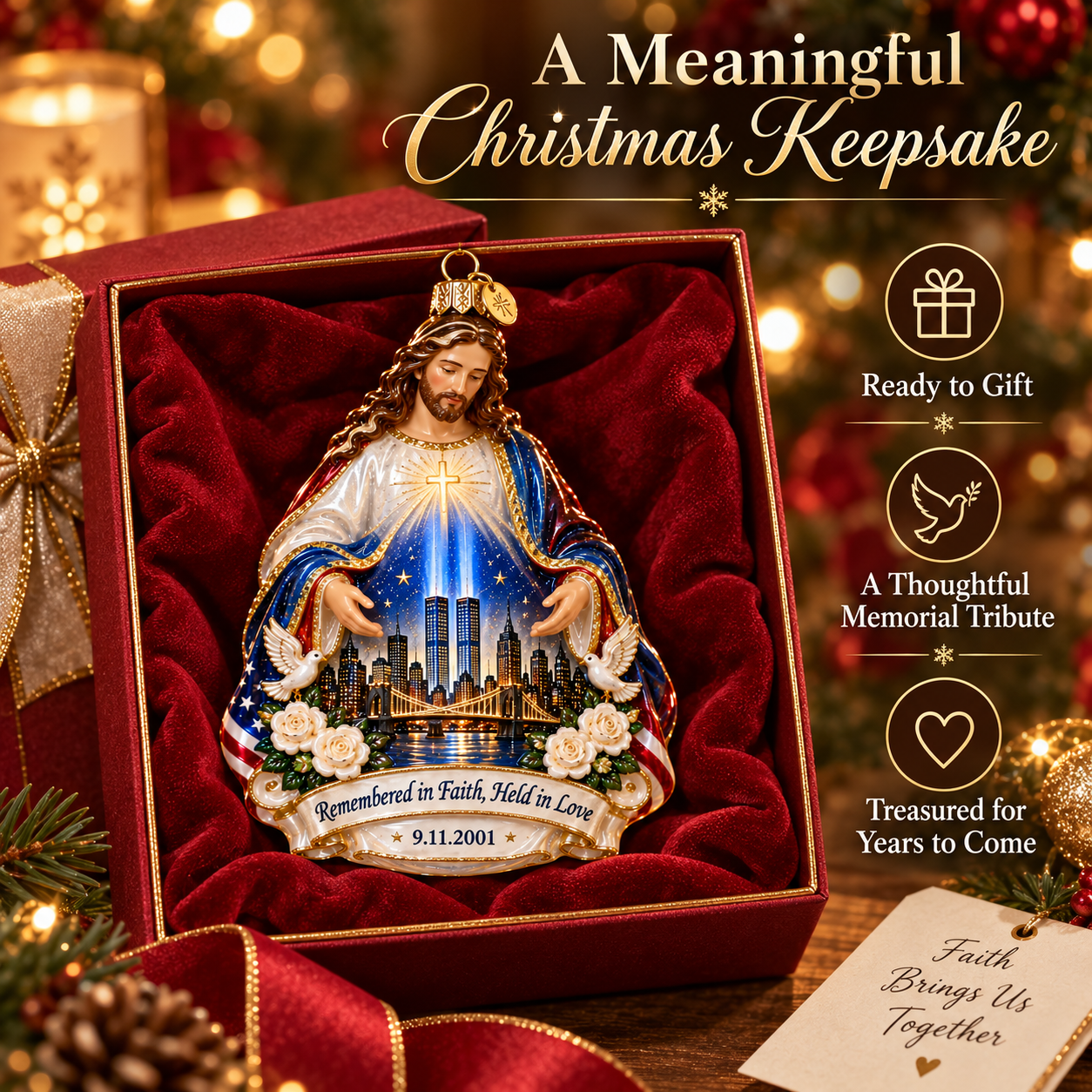 9/11 “Remembered in Faith, Held in Love” Jesus Memorial Glass Ornament