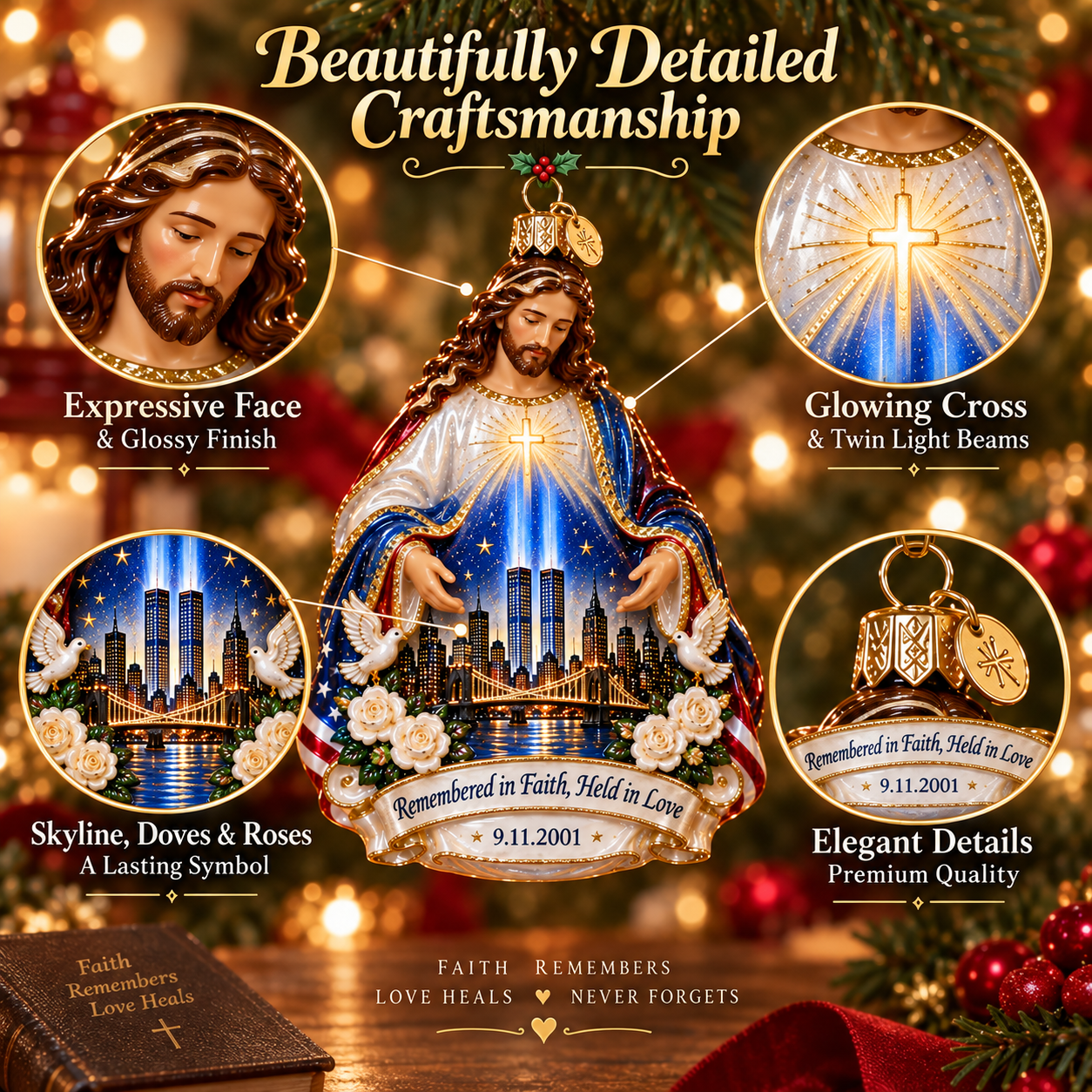 9/11 “Remembered in Faith, Held in Love” Jesus Memorial Glass Ornament
