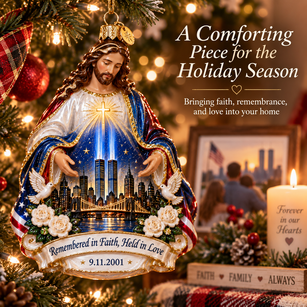 9/11 “Remembered in Faith, Held in Love” Jesus Memorial Glass Ornament