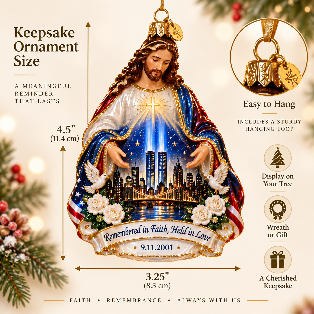 9/11 “Remembered in Faith, Held in Love” Jesus Memorial Glass Ornament