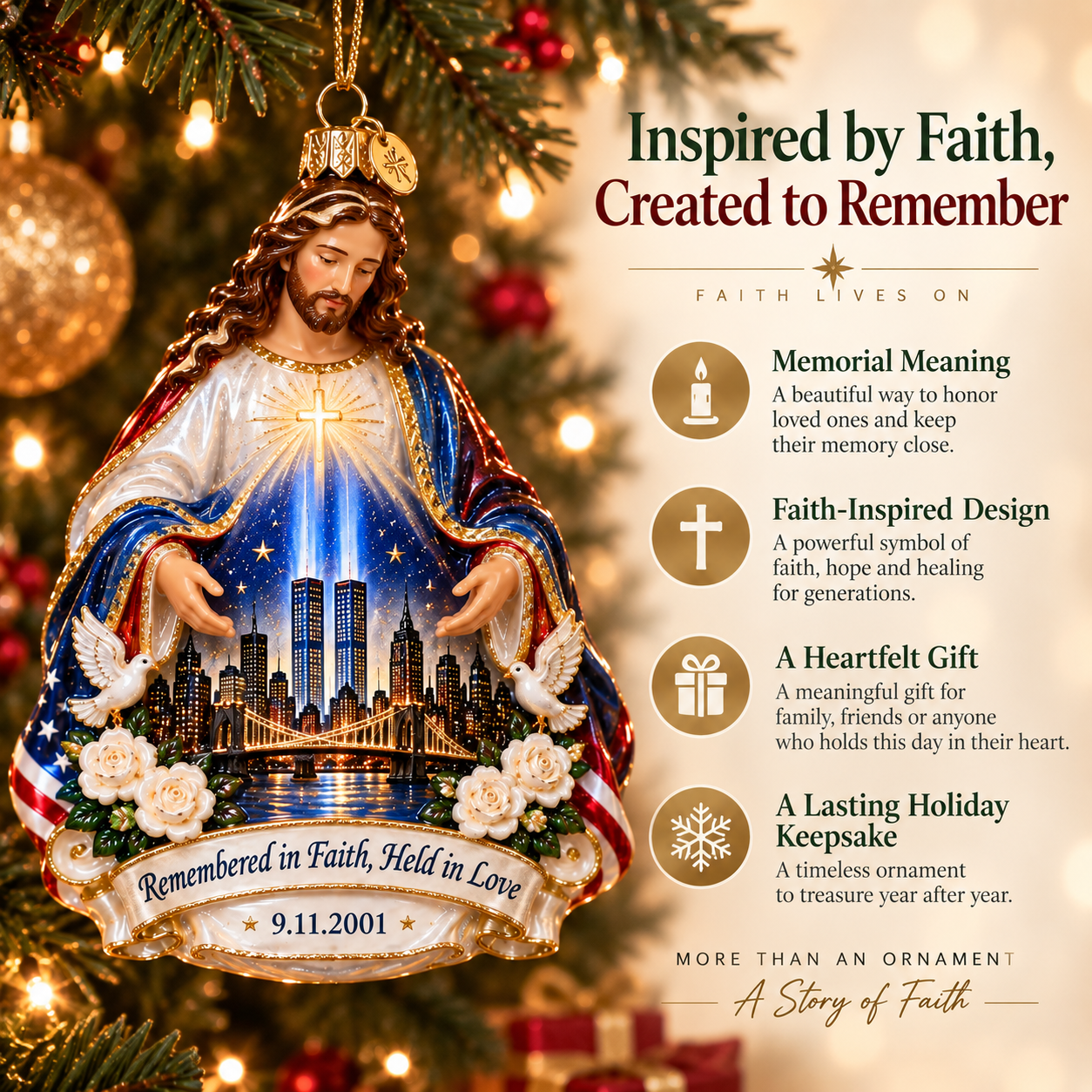 9/11 “Remembered in Faith, Held in Love” Jesus Memorial Glass Ornament