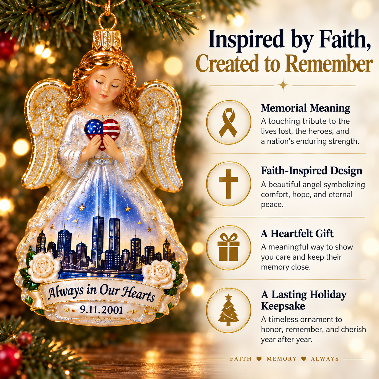 9/11 “Always in Our Hearts” Guardian Angel Memorial Ornament