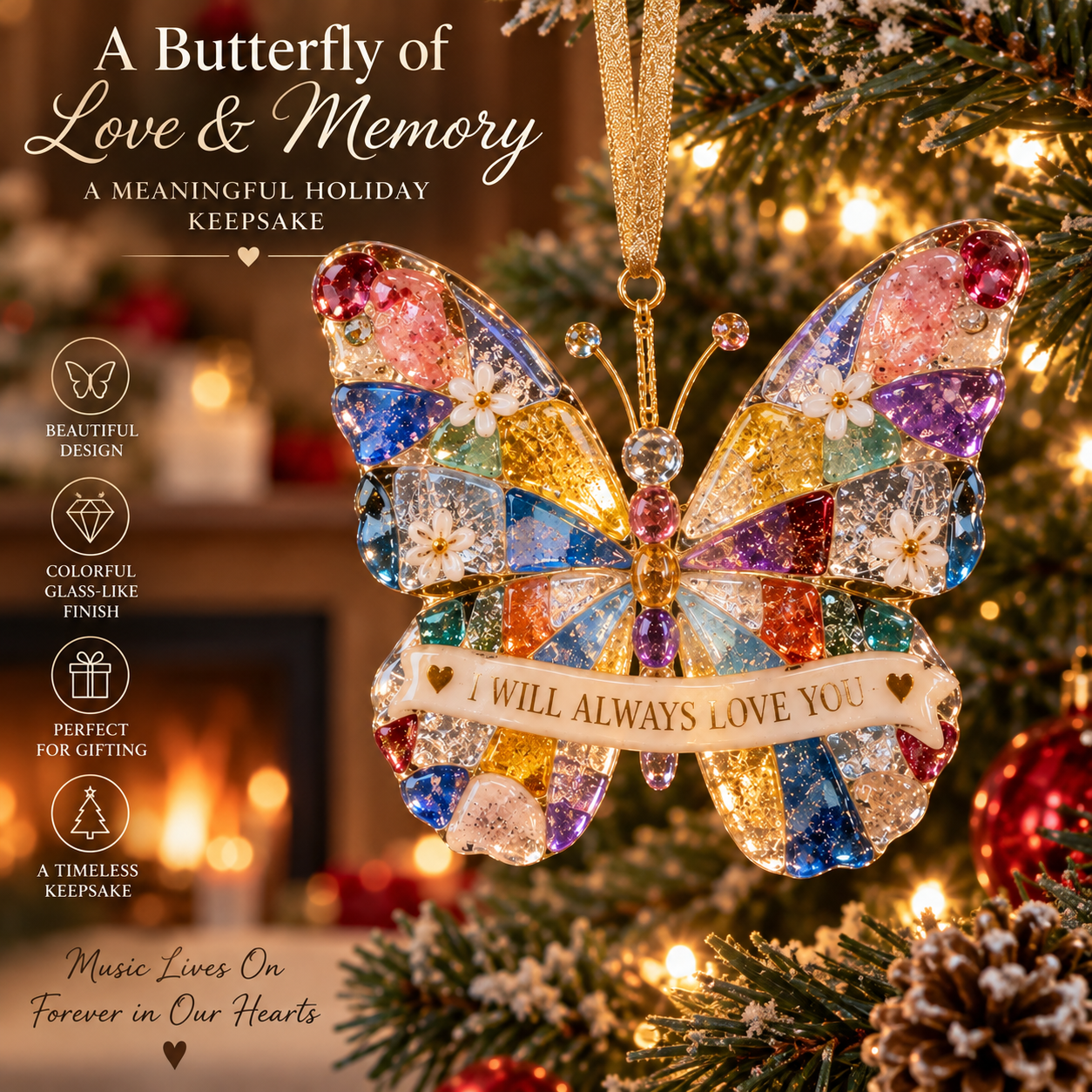 Dolly “I Will Always Love You” Forever in Our Hearts Butterfly Fused Glass Ornament