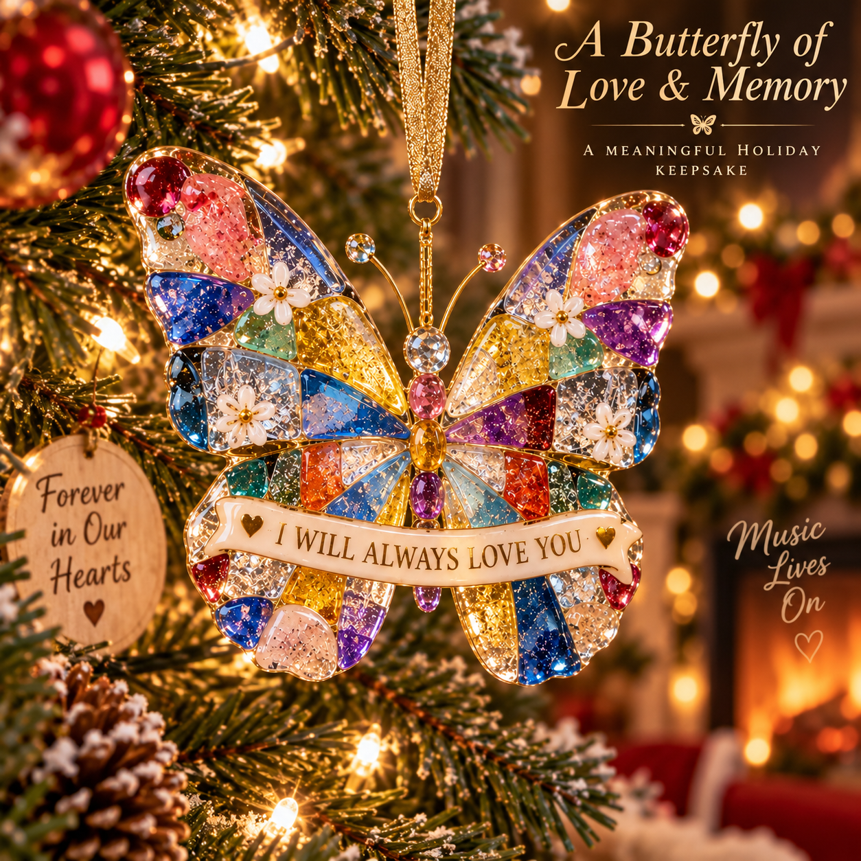 Dolly “I Will Always Love You” Forever in Our Hearts Butterfly Fused Glass Ornament