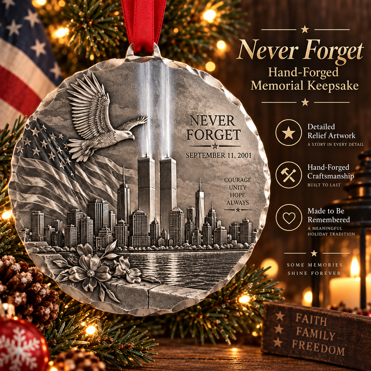9/11 “Never Forget” American Legacy Hand-Forged Memorial Ornament