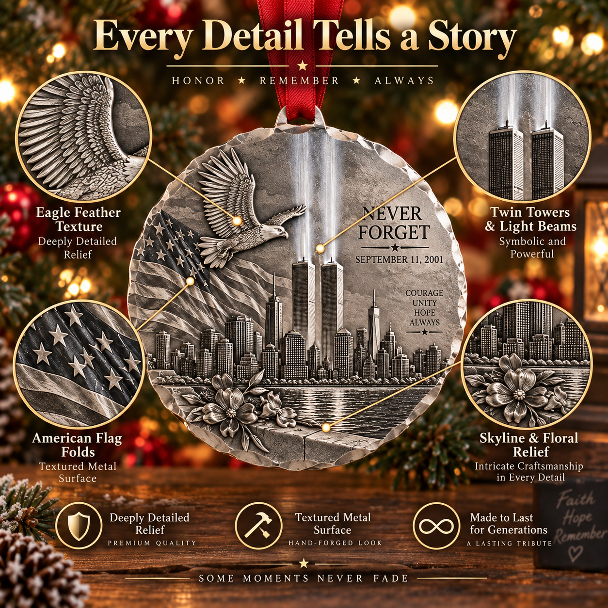 9/11 “Never Forget” American Legacy Hand-Forged Memorial Ornament