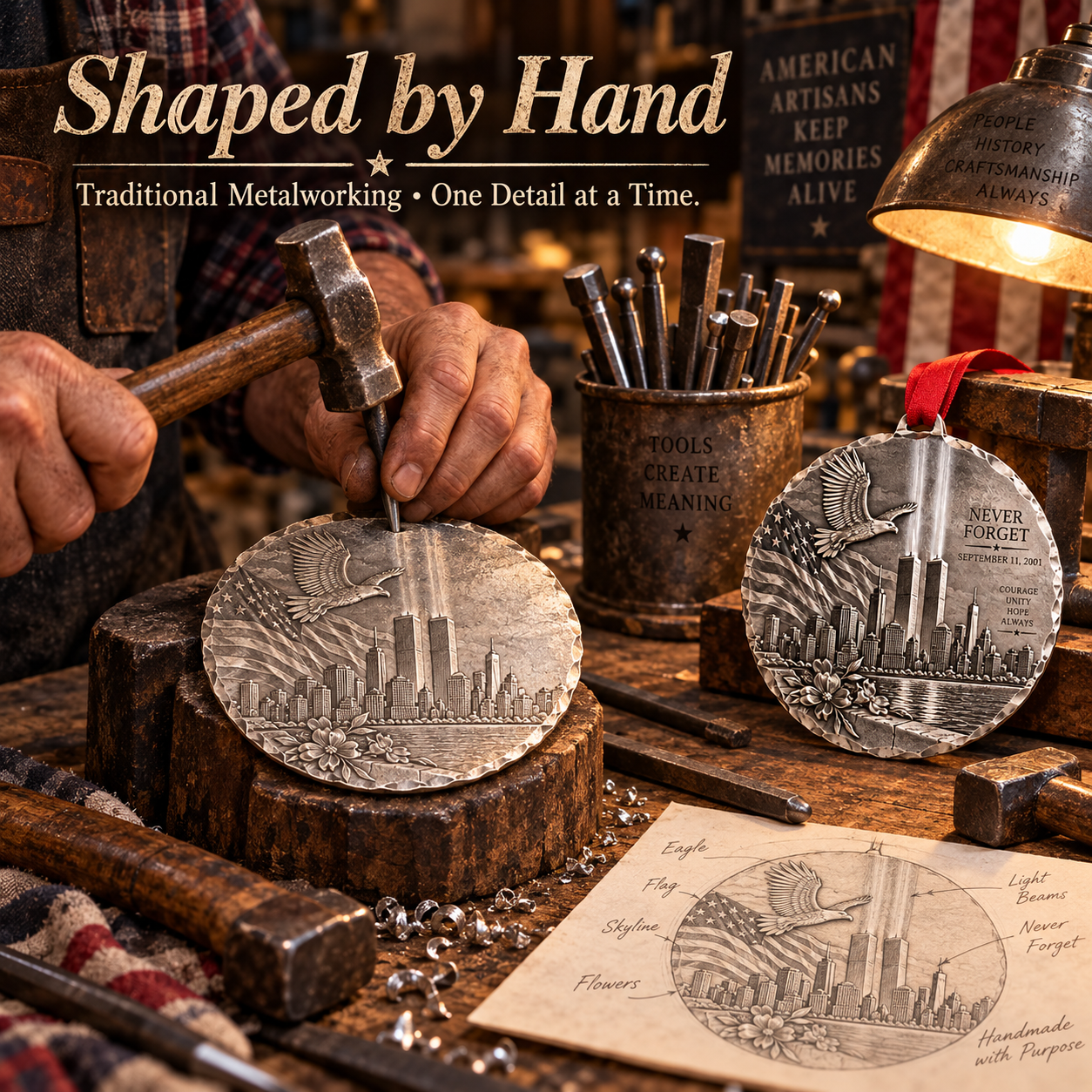 9/11 “Never Forget” American Legacy Hand-Forged Memorial Ornament