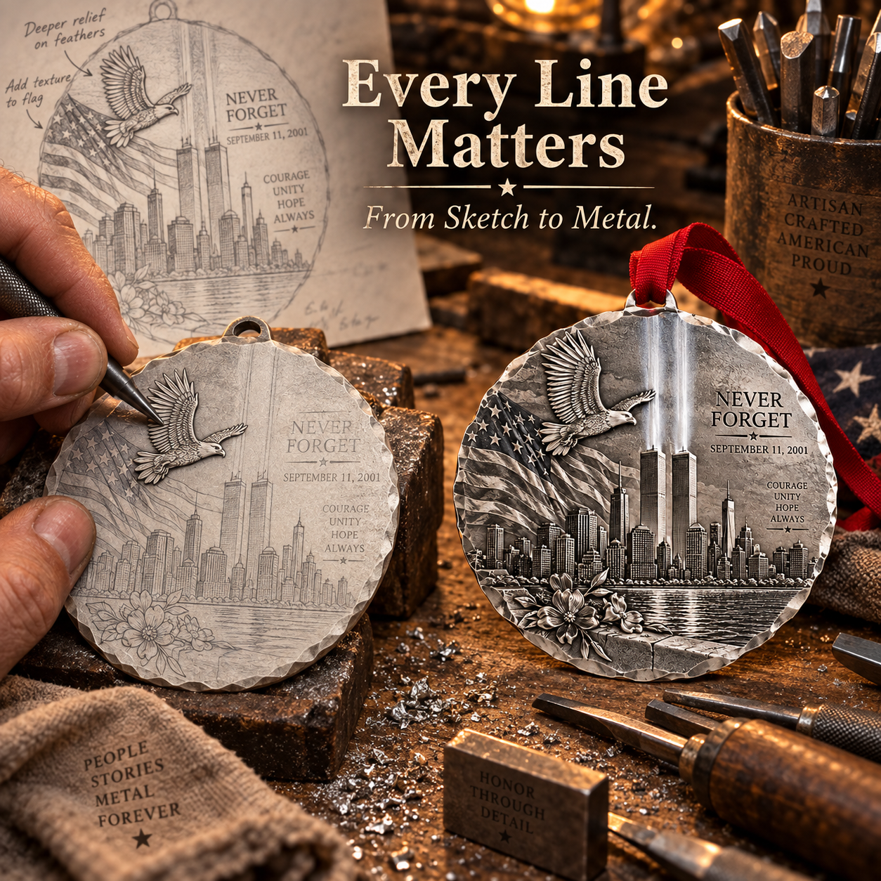 9/11 “Never Forget” American Legacy Hand-Forged Memorial Ornament