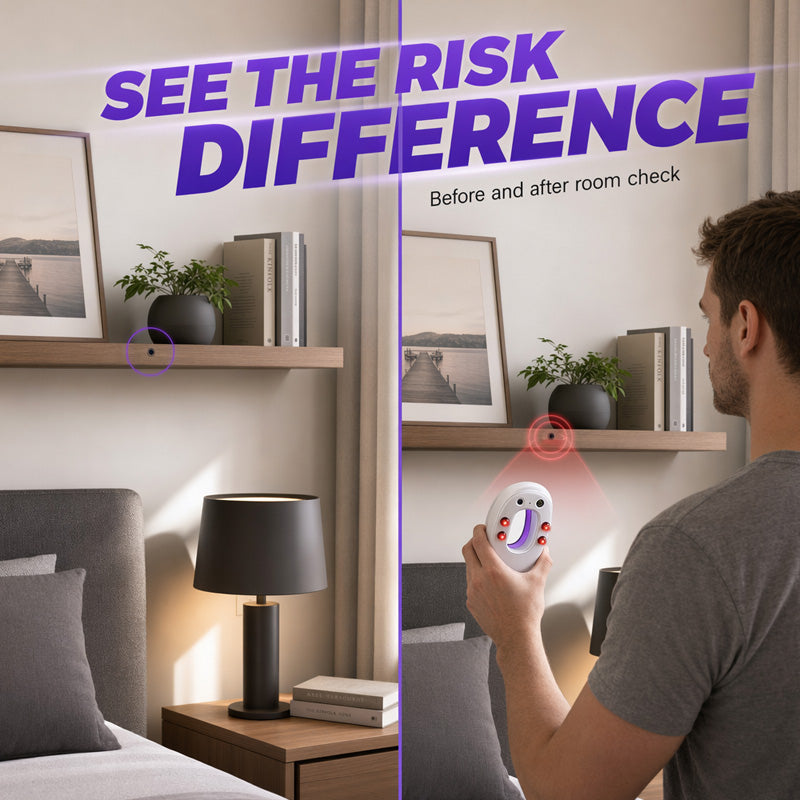 🔍Smart Infrared Camera Detector – Finds hidden pinhole lenses instantly. LED flashlight & door alarm – travel with privacy & peace of mind! 🏨✨