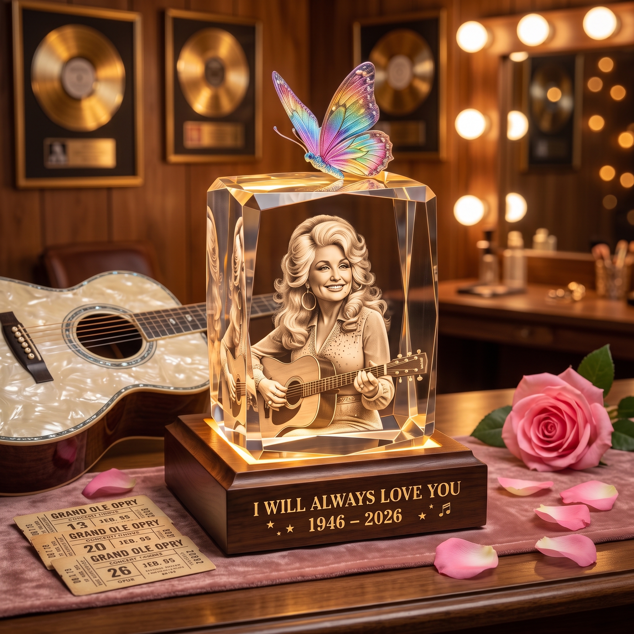 Dolly Parton "I Will Always Love You" 3D Crystal Memorial Lamp 🦋✨