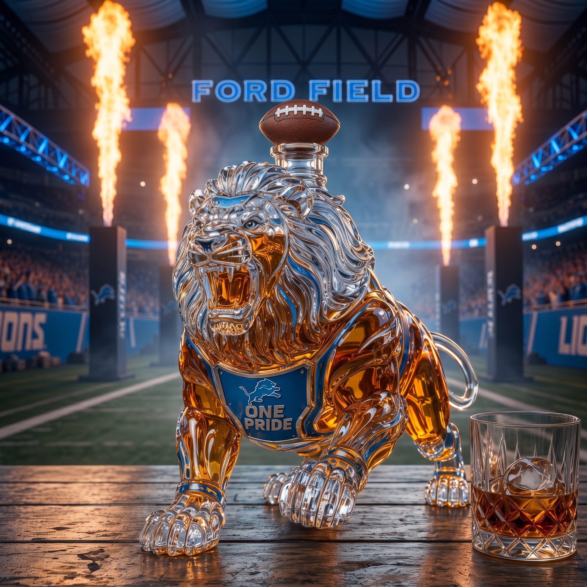 Detroit "One Pride" Roaring Beast Crystal Whiskey Decanter 🦁🏈