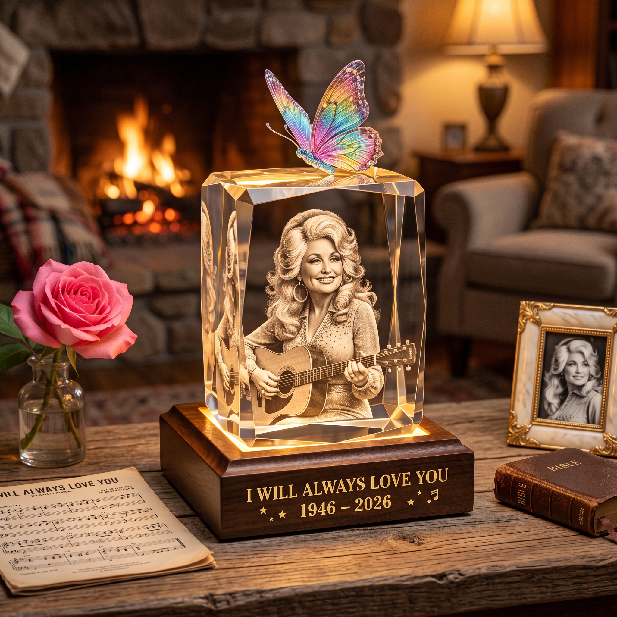 Dolly Parton "I Will Always Love You" 3D Crystal Memorial Lamp 🦋✨