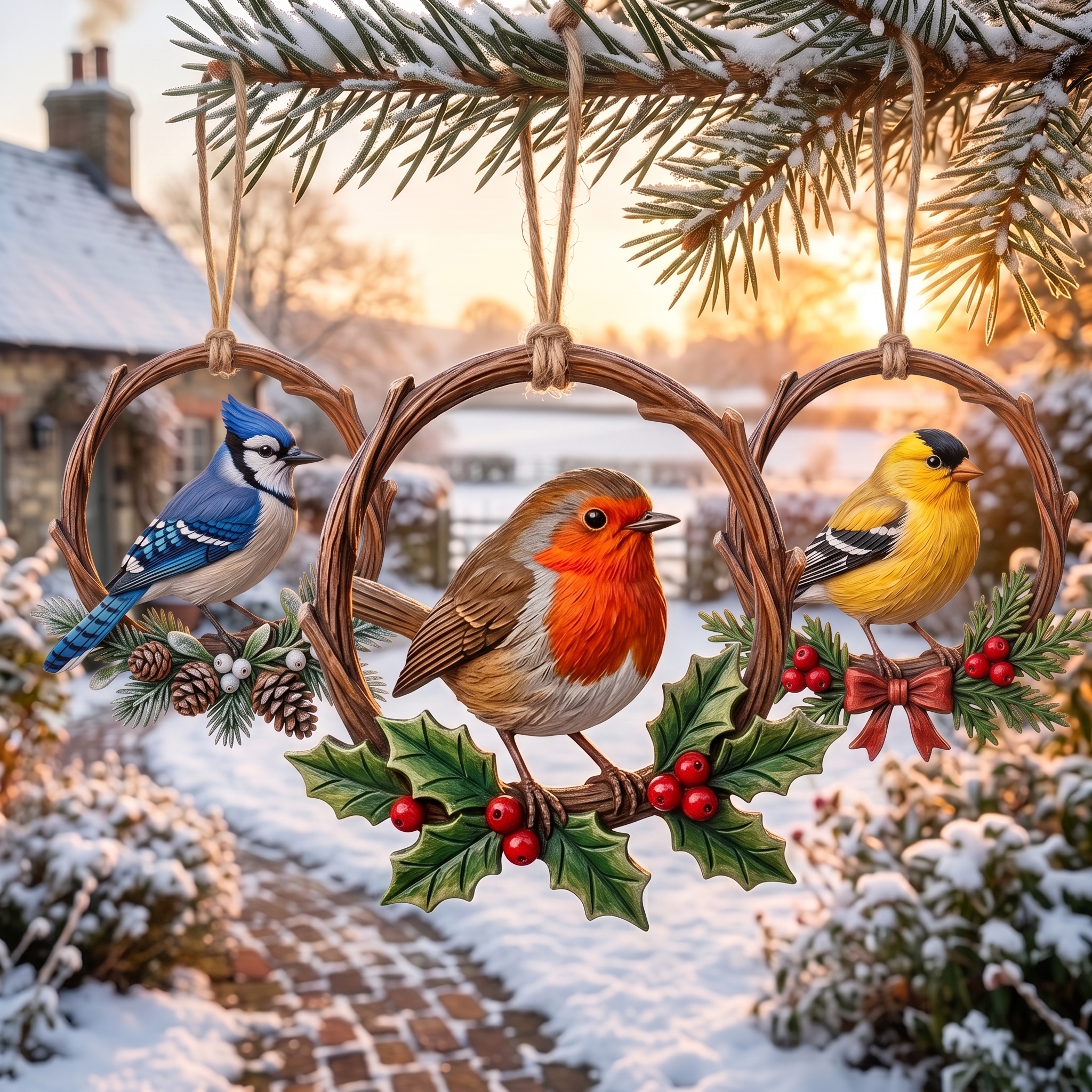 Handcrafted 3D Wooden Songbird Trio Christmas Tree Ornaments 🐦🎄