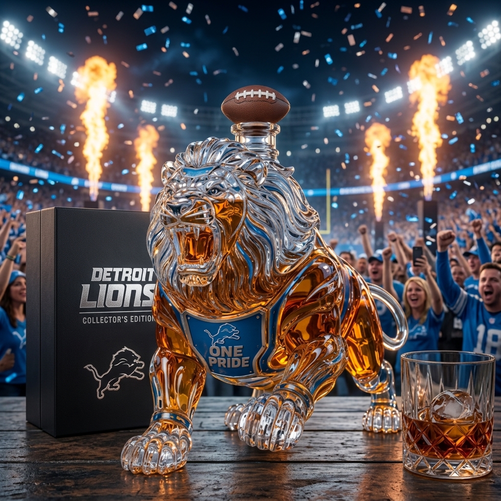 Detroit "One Pride" Roaring Beast Crystal Whiskey Decanter 🦁🏈