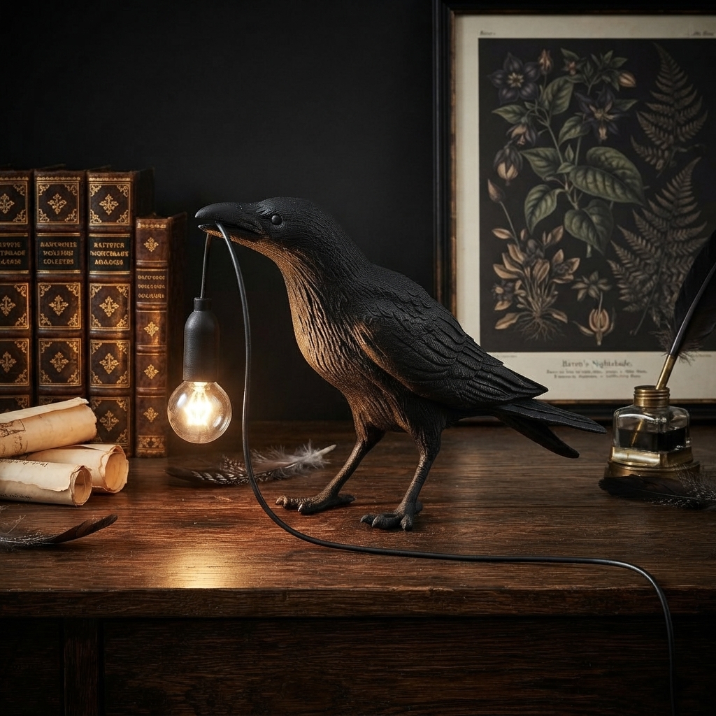 Gothic Raven Lamp 🖤💡 | Dark Academia Table Light📜✨