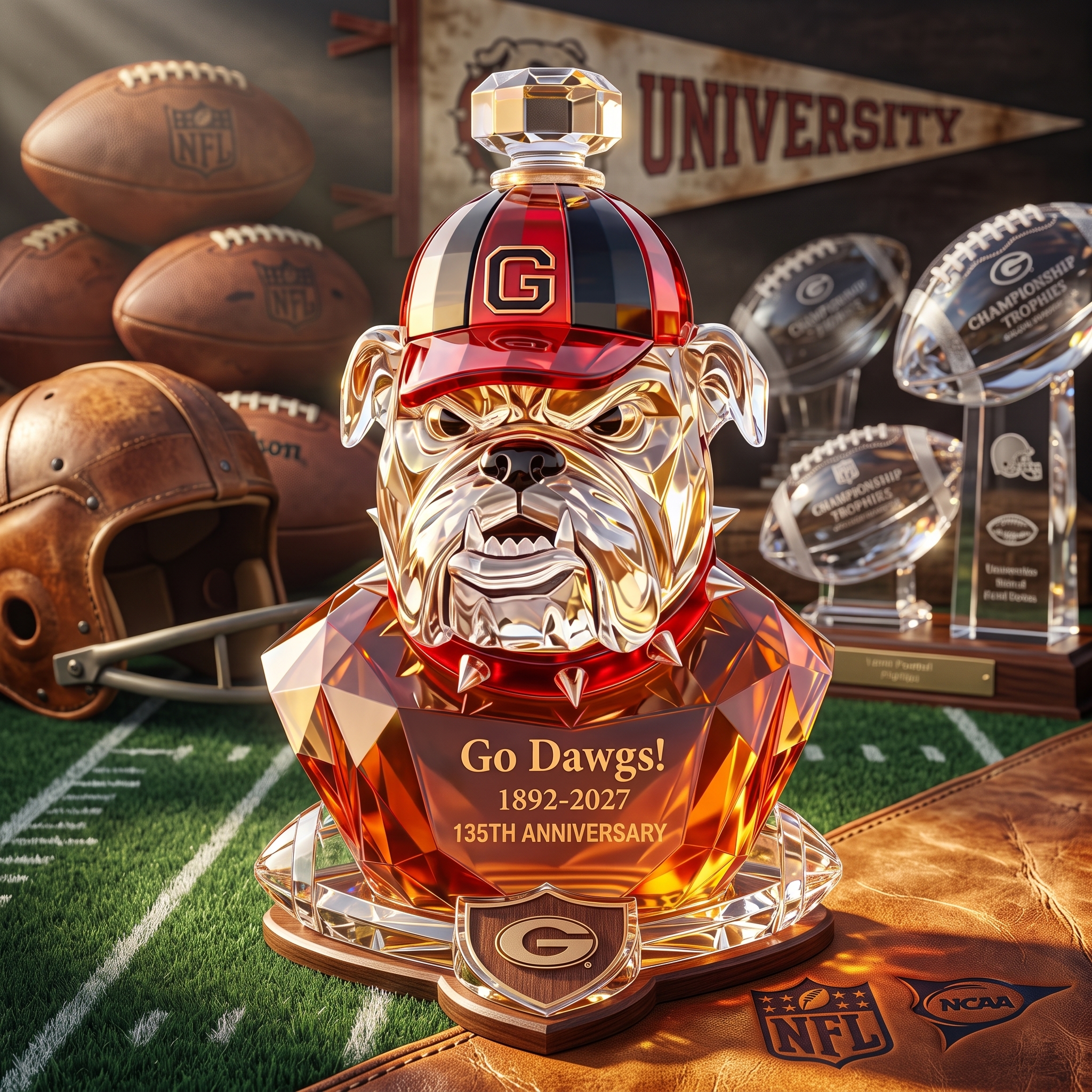 "Go Dawgs!" 135th Anniversary Whiskey Decanter 🐶🏈 | Handcrafted Bulldog Head Spirits Bottle🏆🥃