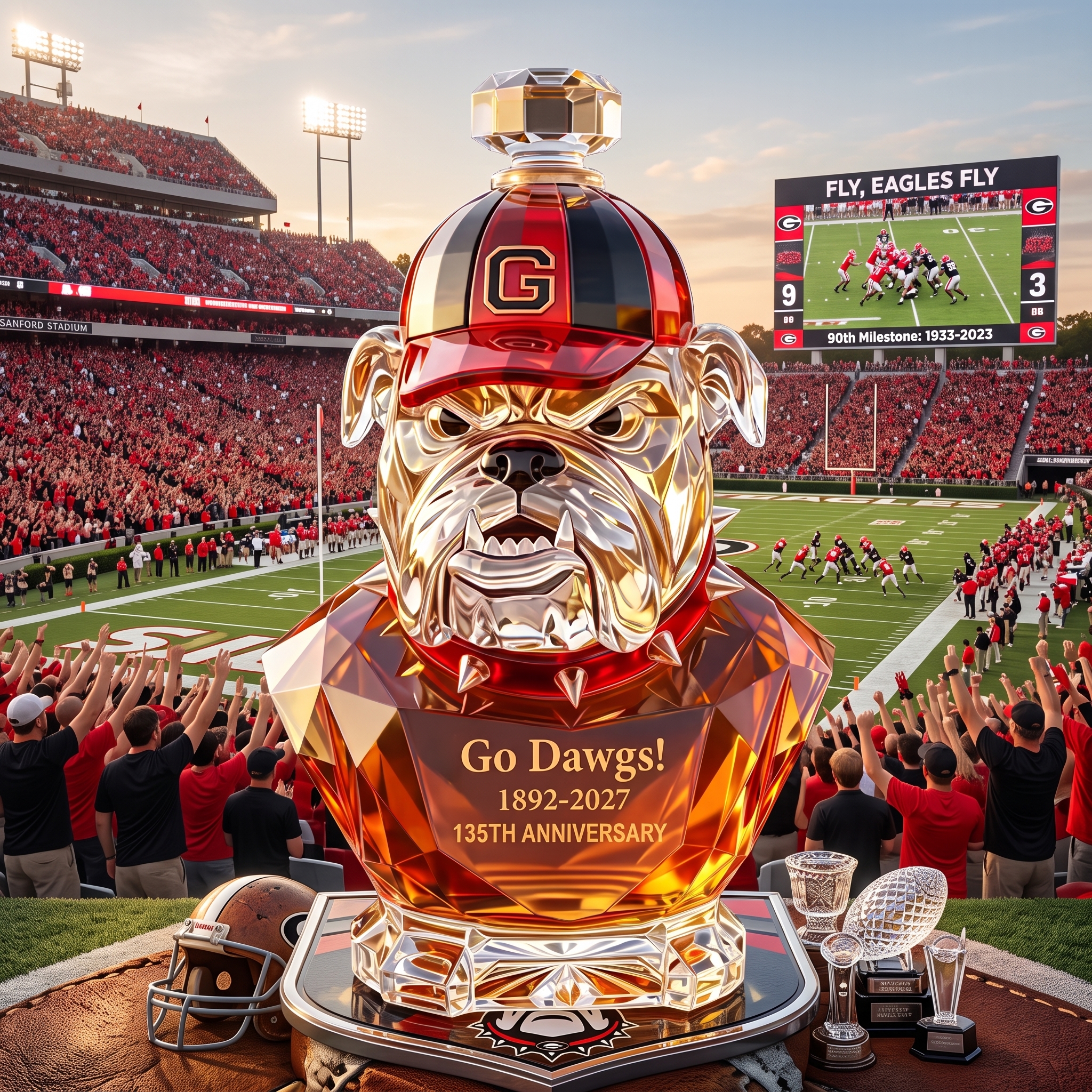 "Go Dawgs!" 135th Anniversary Whiskey Decanter 🐶🏈 | Handcrafted Bulldog Head Spirits Bottle🏆🥃