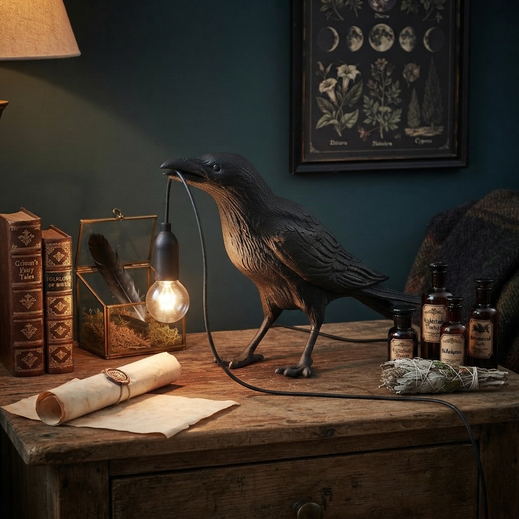 Gothic Raven Lamp 🖤💡 | Dark Academia Table Light📜✨