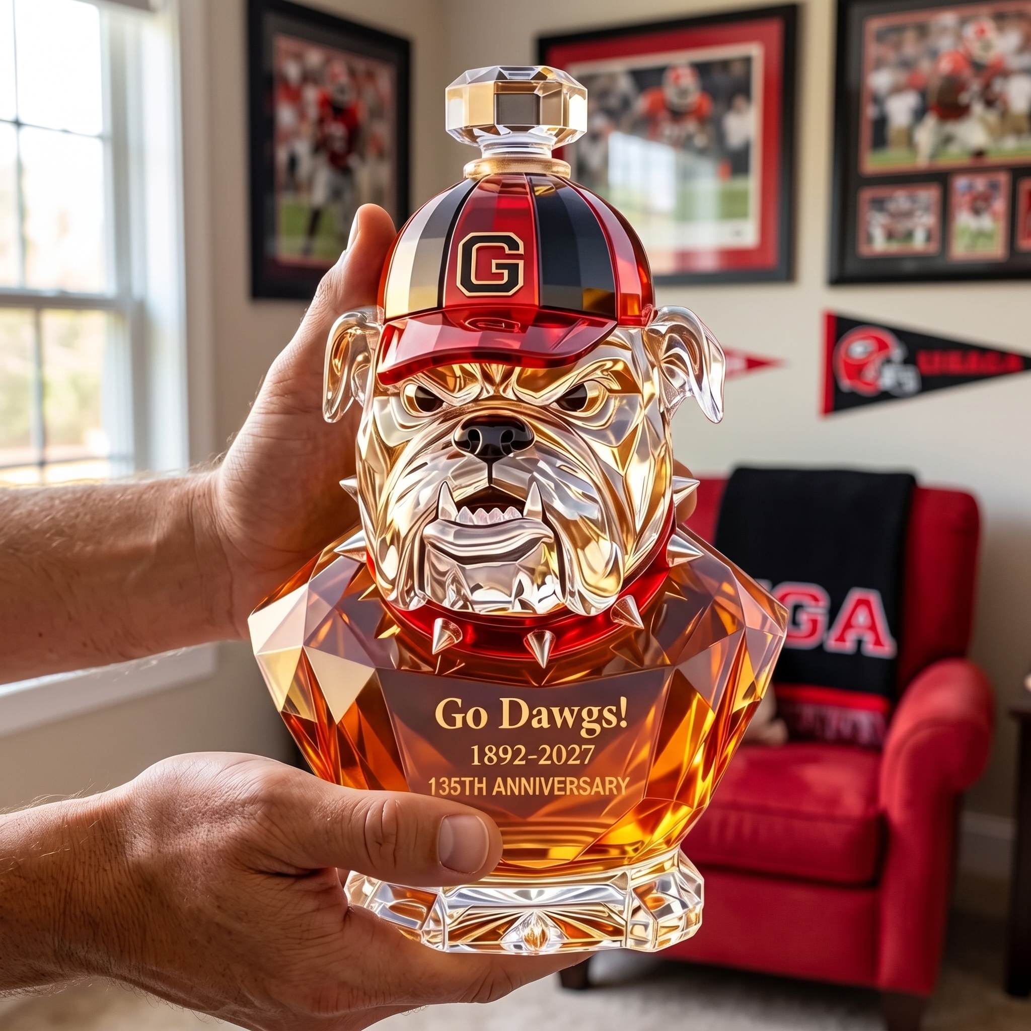 "Go Dawgs!" 135th Anniversary Whiskey Decanter 🐶🏈 | Handcrafted Bulldog Head Spirits Bottle🏆🥃