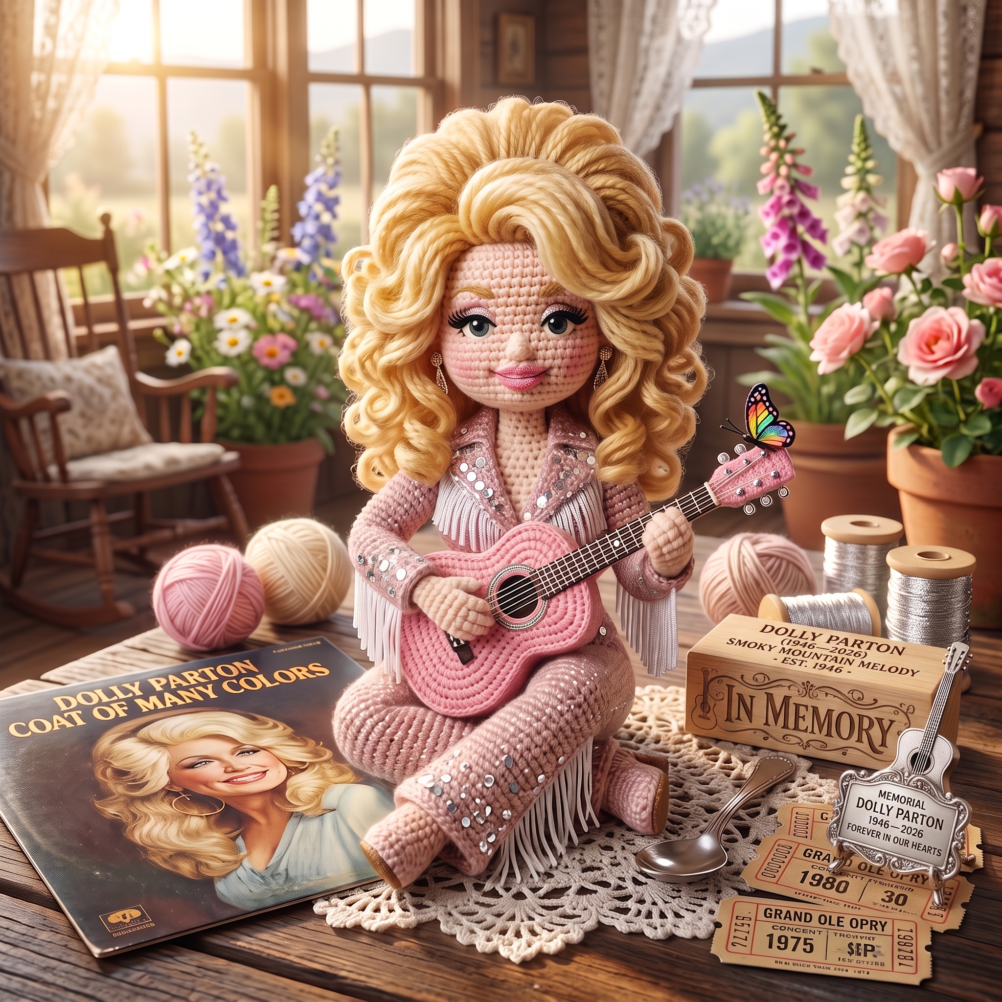 Handcrafted Dolly Parton Memorial Crochet Doll 🦋💖