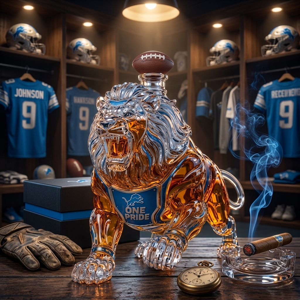 Detroit "One Pride" Roaring Beast Crystal Whiskey Decanter 🦁🏈