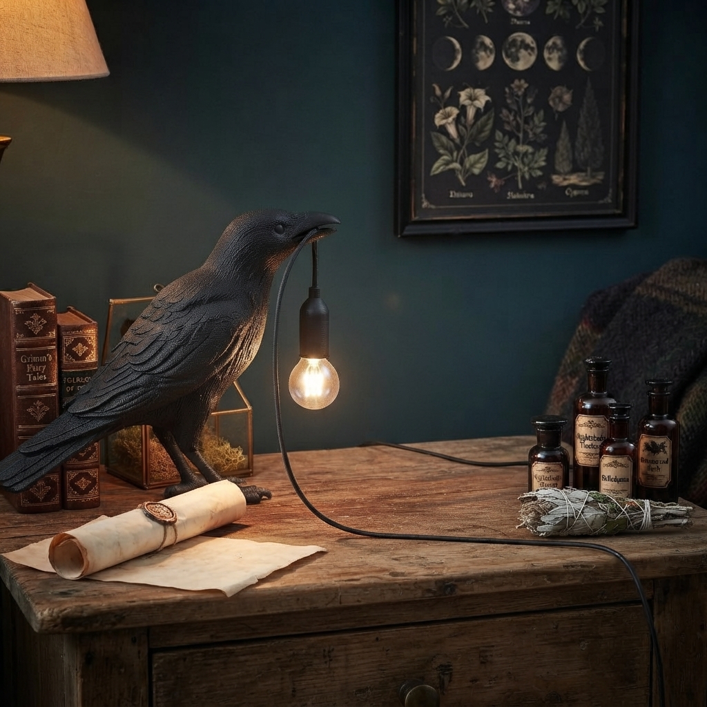 Gothic Raven Lamp 🖤💡 | Dark Academia Table Light📜✨