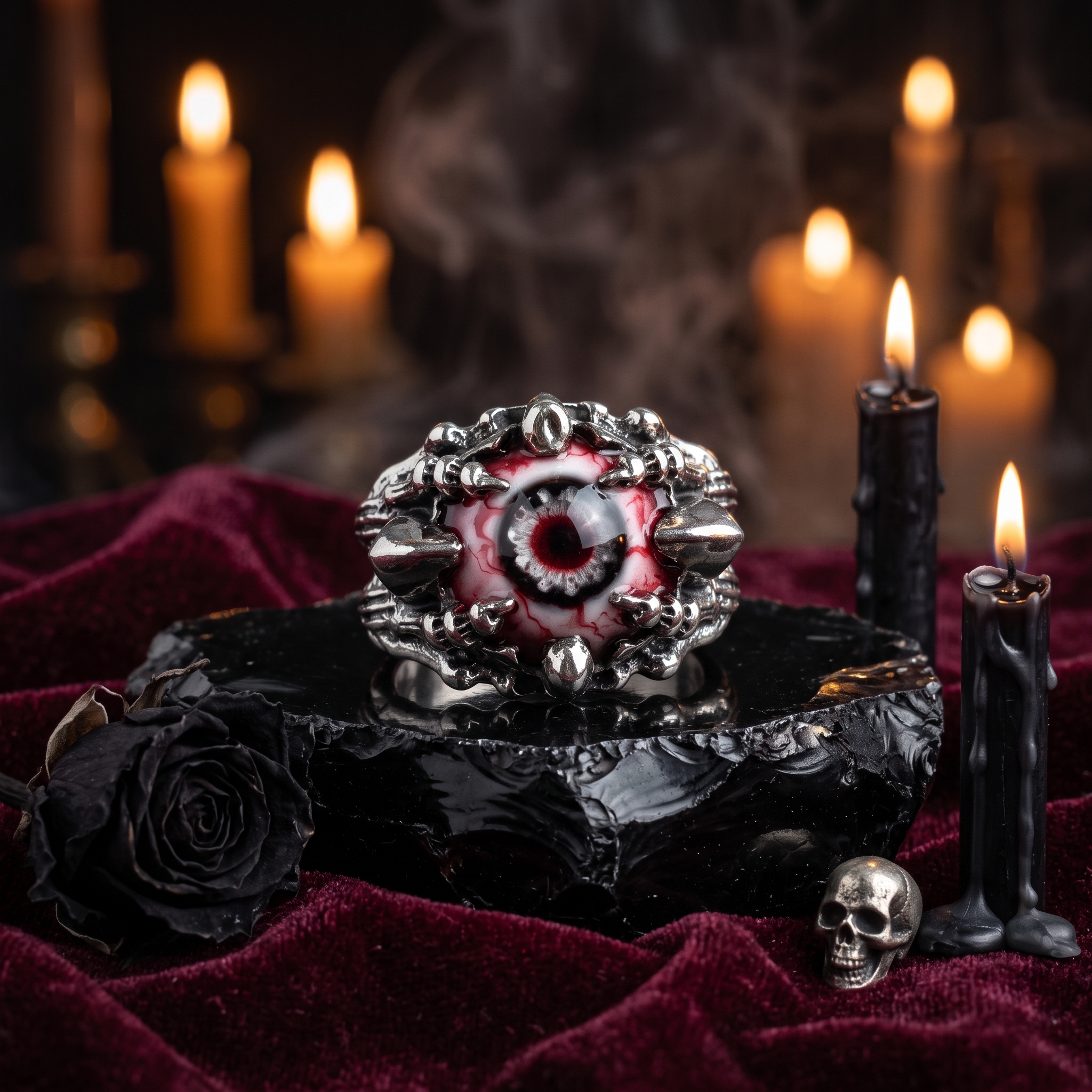 Gothic Bloodshot Evil Eye Skeleton Claw Ring 👁️🩸