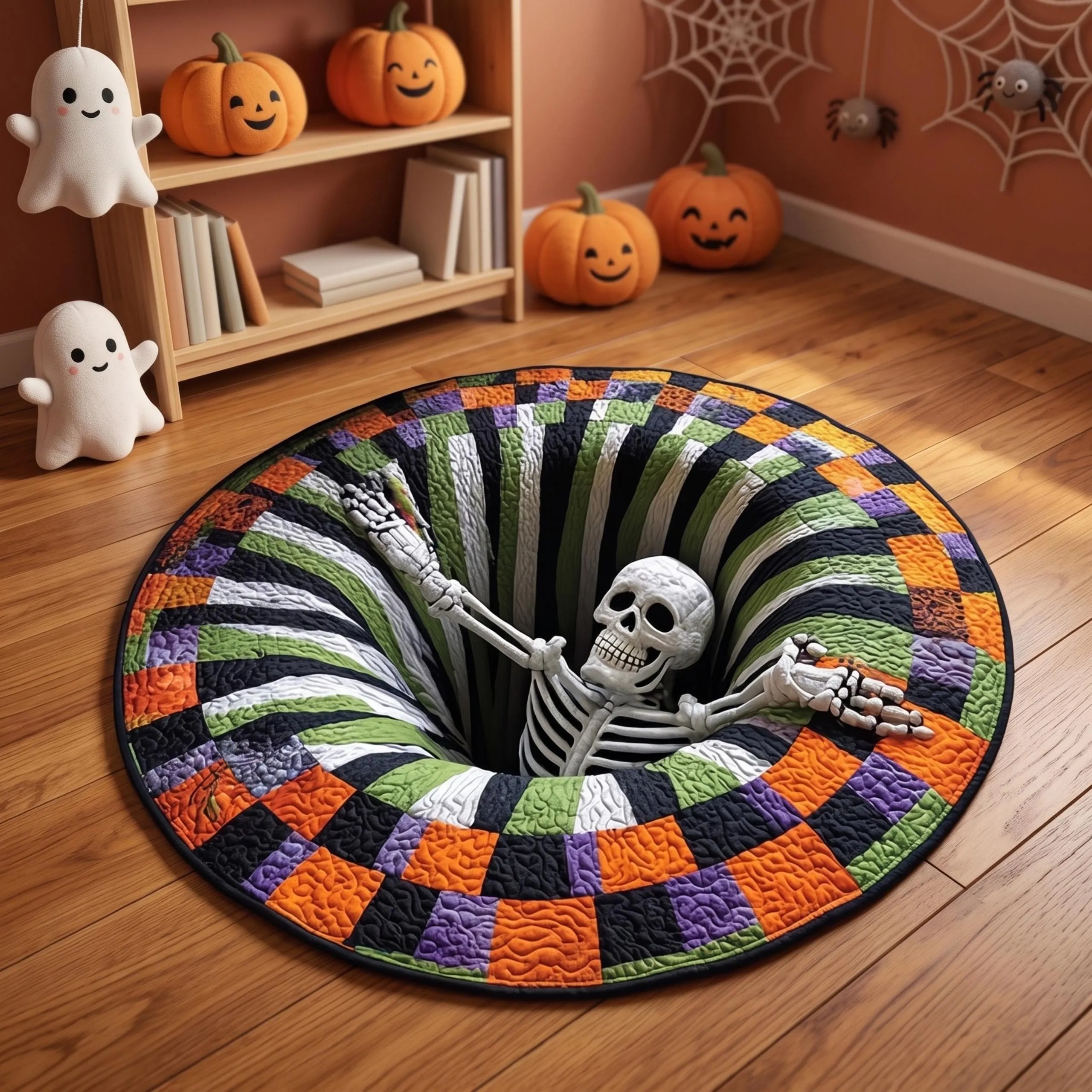 3D Illusion Skull Vortex Round Rug, Halloween Horror Skeleton Carpet