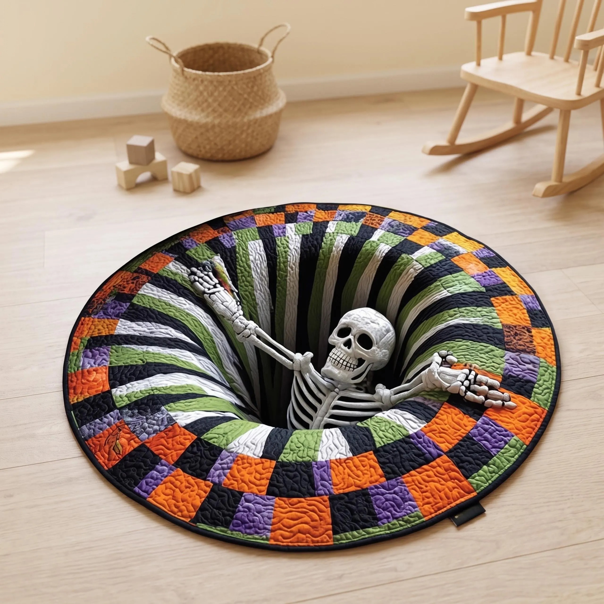 3D Illusion Skull Vortex Round Rug, Halloween Horror Skeleton Carpet