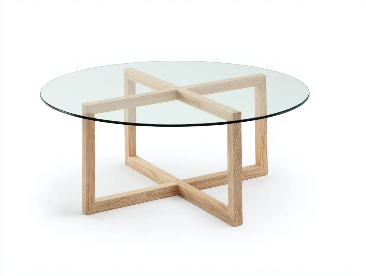 Mesa de centro vidrio circular y madera 115x115x41 cm - transparente marrón - estructura geométrica