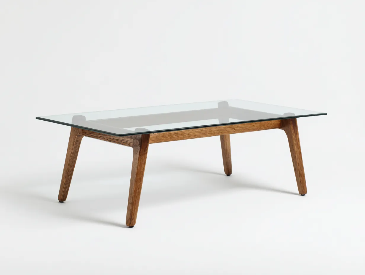 Mesa de centro de vidrio y madera 110x60x42 cm - marrón-transparente - con patas inclinadas para salón