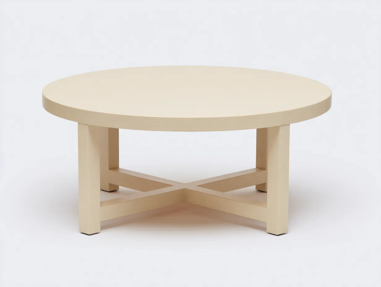 Mesa de centro redonda de madera 88x88x40 cm - beige claro - con cruceta inferior para salón