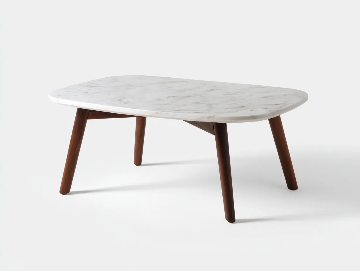Mesa de centro efecto mármol y madera 115x62x41 cm - blanco-marrón oscuro - patas inclinadas para salón