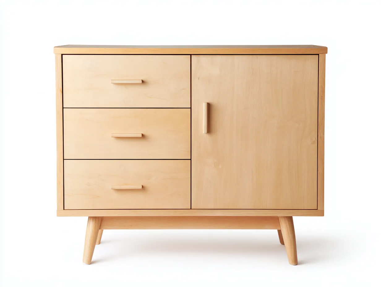 Cómoda de madera clara 105x42x82 cm - tres cajones y puerta lateral para dormitorio