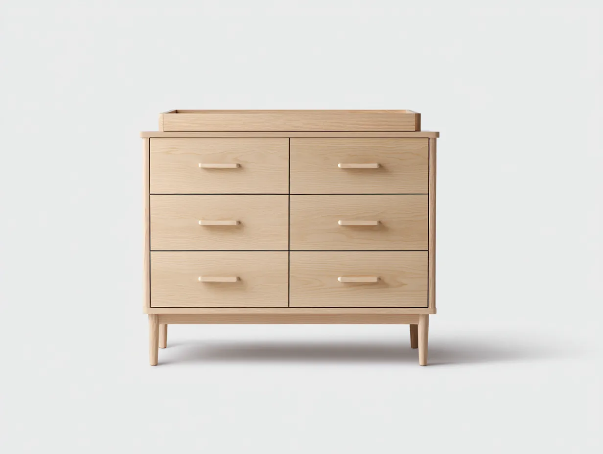 Cómoda de madera clara 112x46x91 cm - seis cajones con bandeja superior para dormitorio